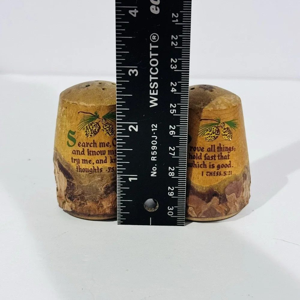 Vintage Salt & Pepper Shaker Set W Cork Stoppers Rustic‎ Pine Wood Bible Verse